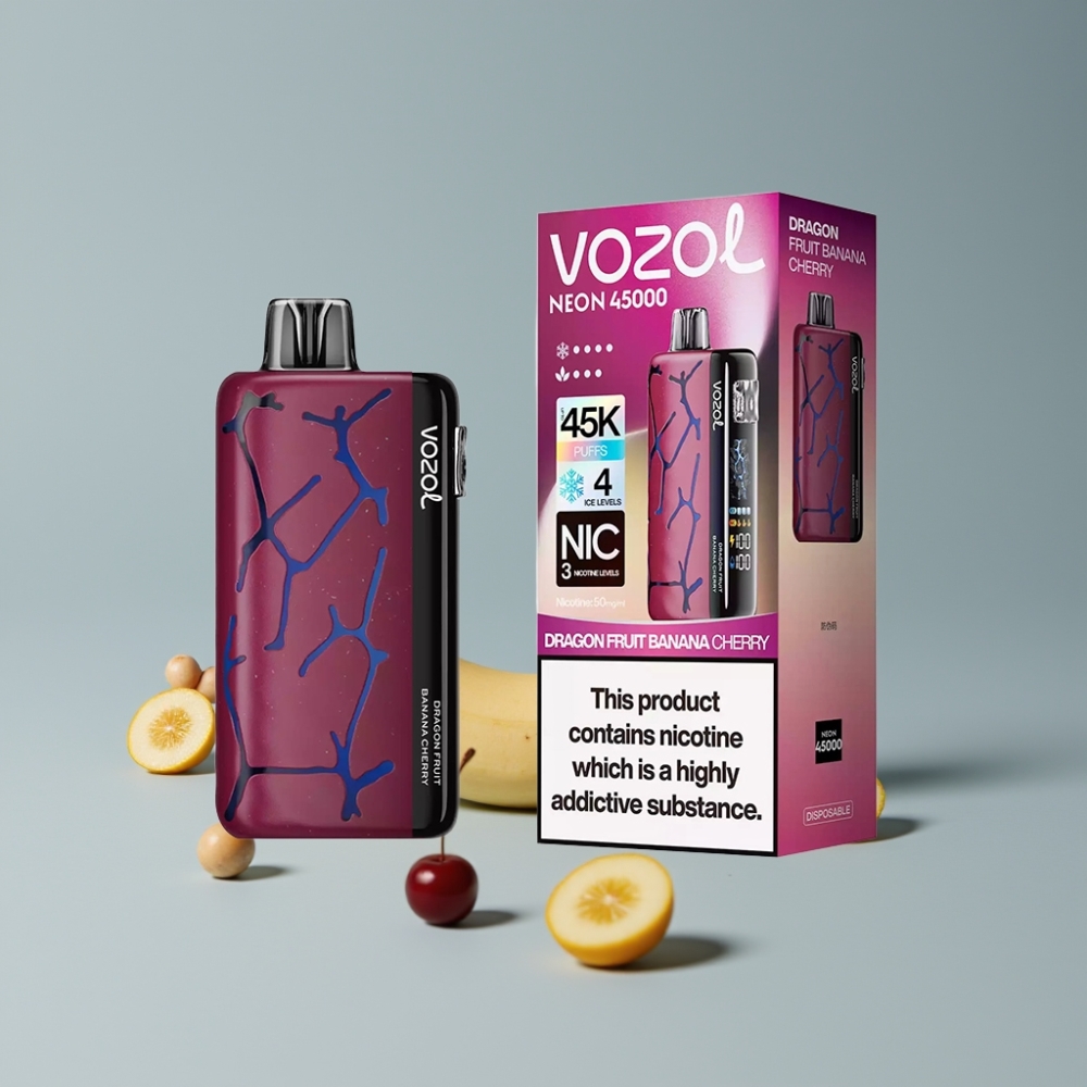 Vozol Neon 45K 45000 Puffs Многоразовый Вейп Драконий Фрукт Банан Вишня с Регулируемым Льдом и Воздушным Потоком