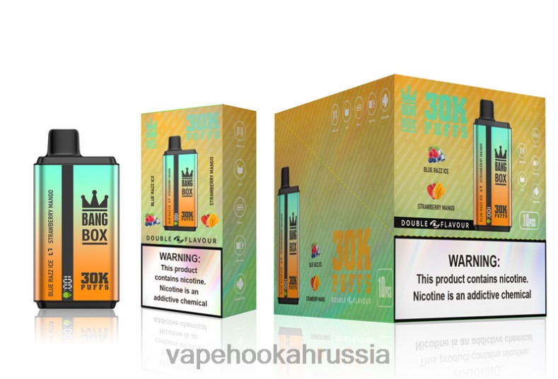 Russian Vape Juice - Bang Box 30000 слоек двойного вкуса блю-разз-айс и клубника-манго DJ4VR73